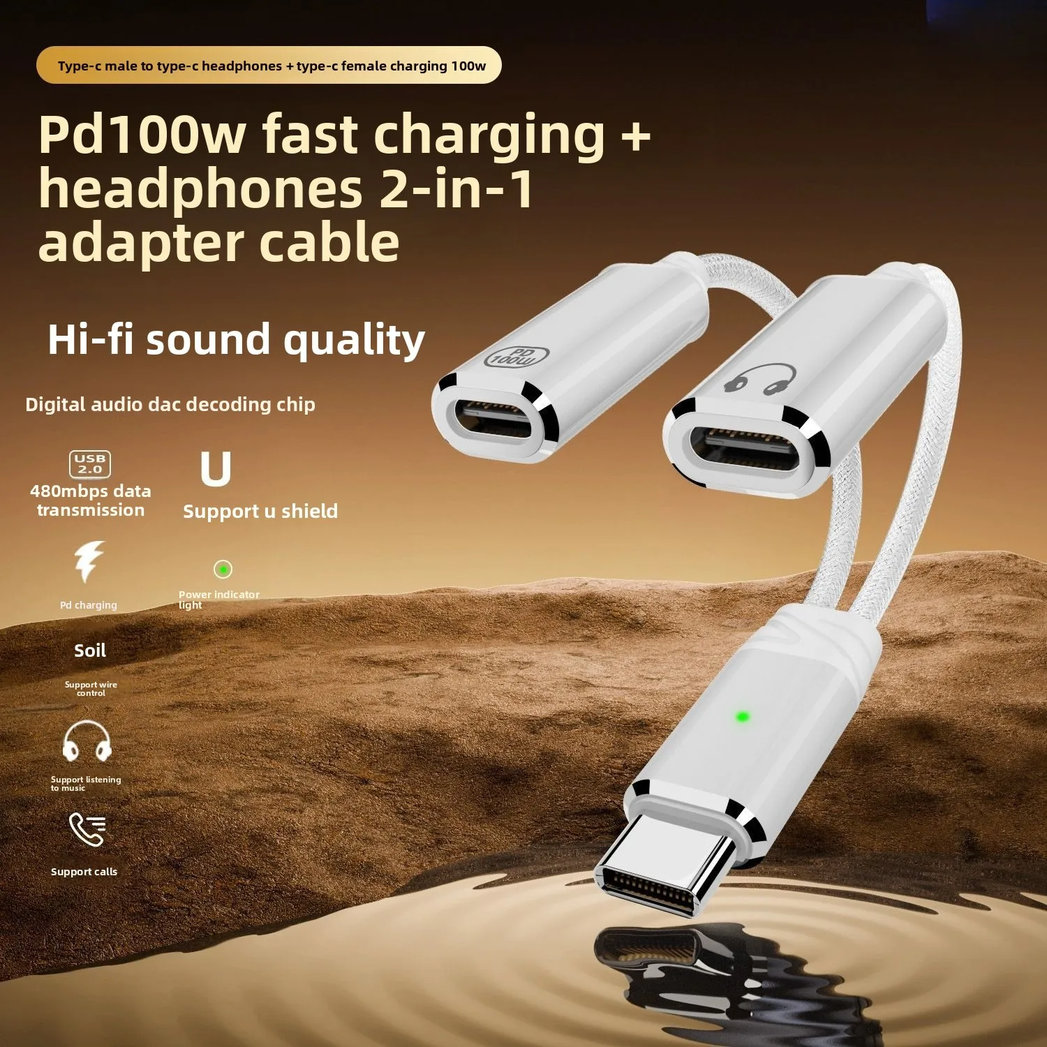 Dual USB C Headphone & Charger Adapter Splitter Fast Charging 2-in-1 Type C to USB-C Audio Adapter