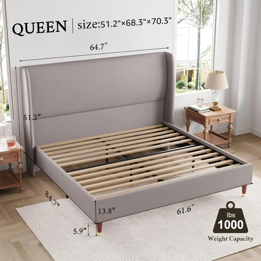 Upholstered Bed Frame Queen Size Platform Bed with Wingback Headboard/No Box Spring Needed/Easy Assembly
