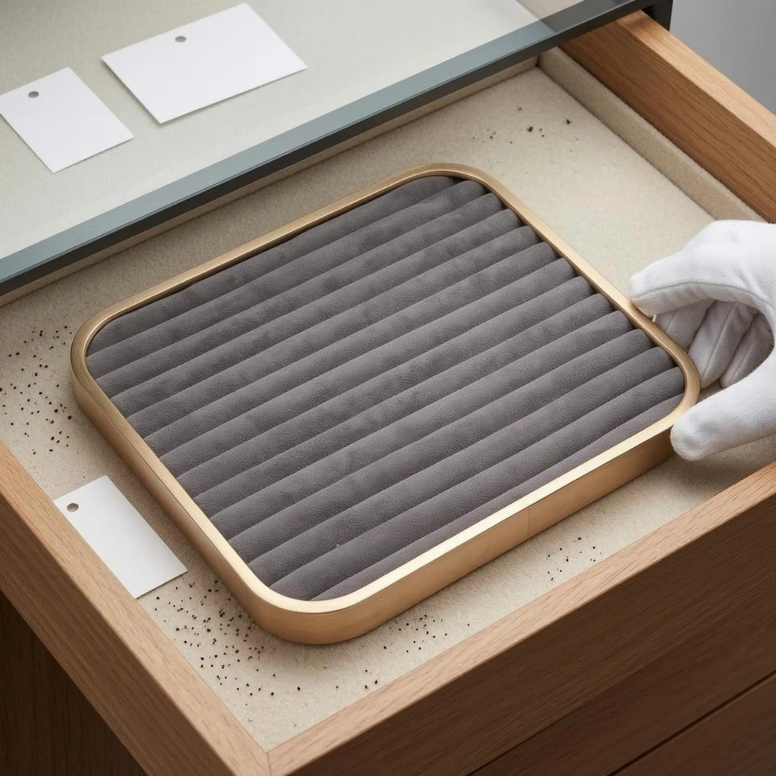 

Square Jewelry Display Tray Aluminum Alloy Striped Jewelry Organizer Tray Storage Rounded Corners Polished Shiny Rim