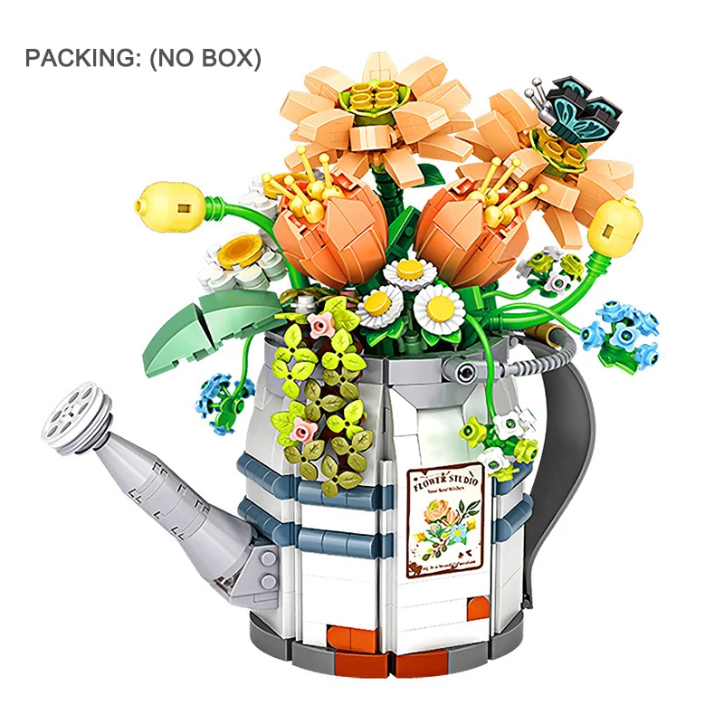 Mini Watering Can Potted Building Blocks Flowers DIY Plant Bouquet Assembly Toys Suitable for Home Decoration Holiday Gifts