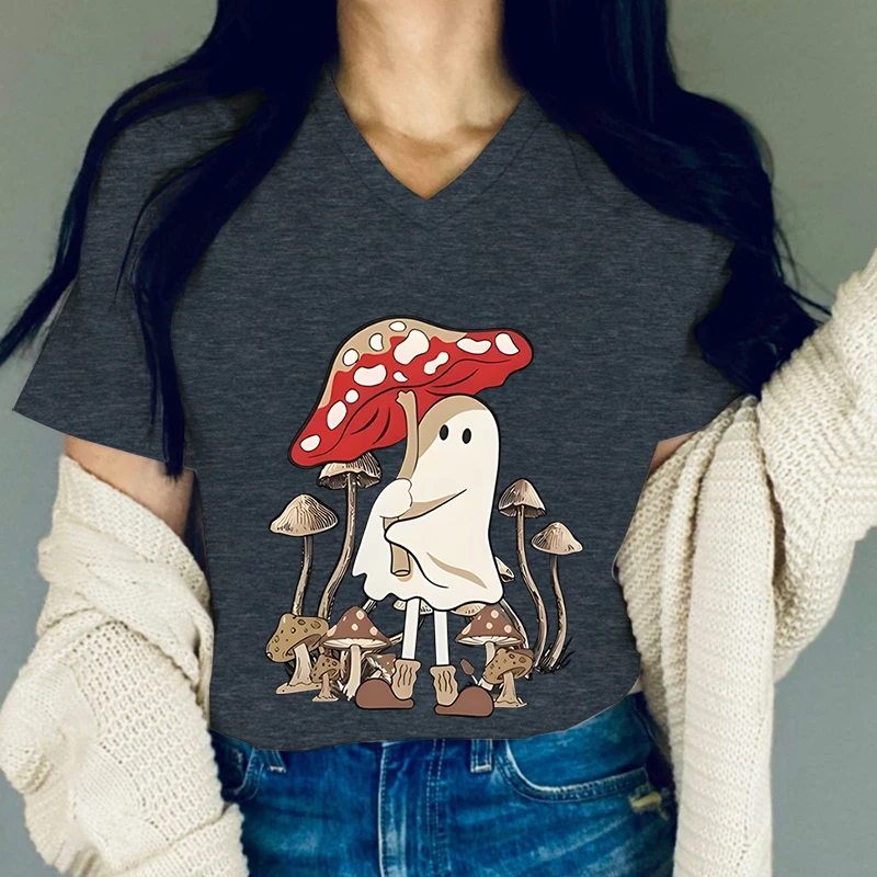 Cute Ghost Mushroom Graphic T Shirts Women Cute Ghost Fashion Essential Short Sleeve T-shirt Funny Mushroom Print Summer T-shirt