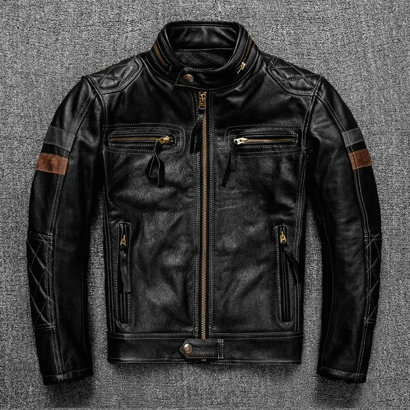 

2025 Men's Genuine Cowhide Motorcycle Jacket, Professional Riding Thick Leather Biker Coat, Stylish Black Real Leather Outerwear