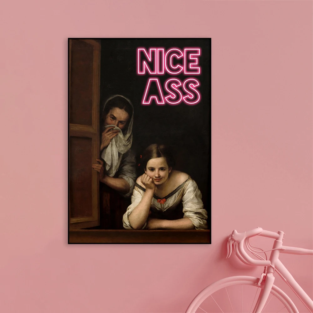 

Nice Butt Funny Bathroom Altered Art Poster Vintage Colorful Retro Oil Painting Print Lady Portrait Canvas Painting Toilet Decor