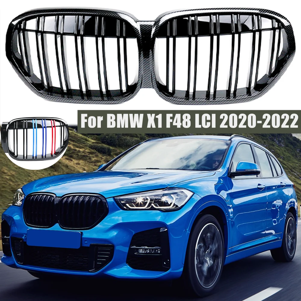 

For BMW X1 F48 LCI 2020 - 2022 Car Front Bumper Kidney Grille M Performance Style Carbon Fiber Look Double Line Racing Grills