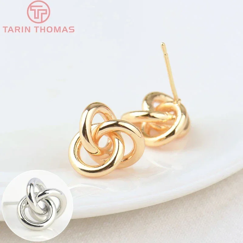 (2515)6PCS 12MM 24K Gold Color Plated Brass Knotted Flower Stud Earrings High Quality DIY Jewelry Making Findings