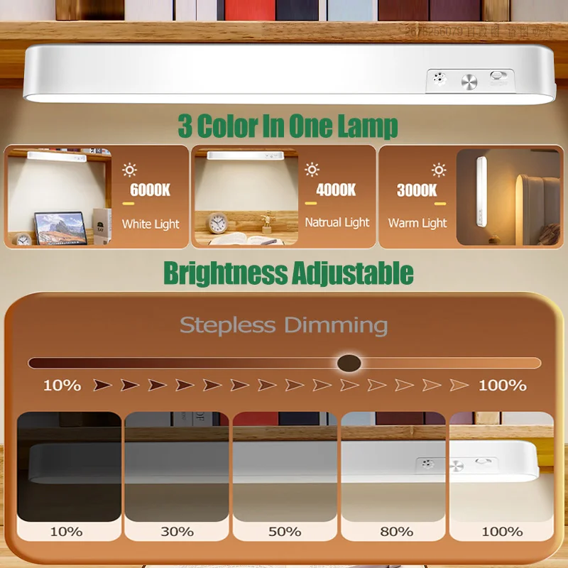 LED Night Light Bar Magnetic USB Rechargeable Desk Lamp White Warm Cabient Light Touch Control Wireless Table Lamp
