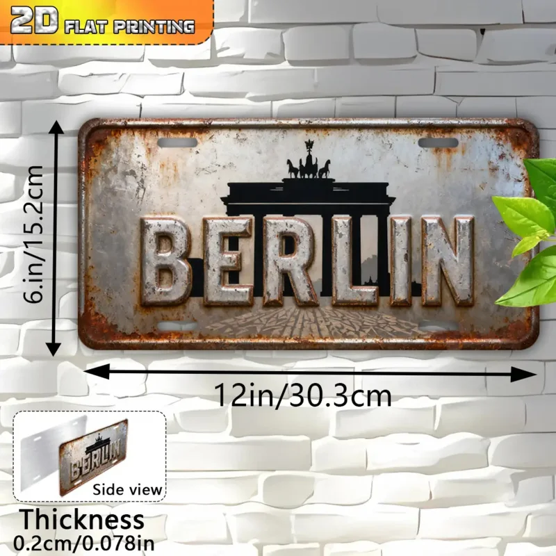 مسطح ثنائي الأبعاد، قطعة واحدة من بوابة برلين براندنبورغ العتيقة، لافتة معدنية من الألومنيوم الريفي مع فن التاريخ الألماني، متين في الهواء الطلق