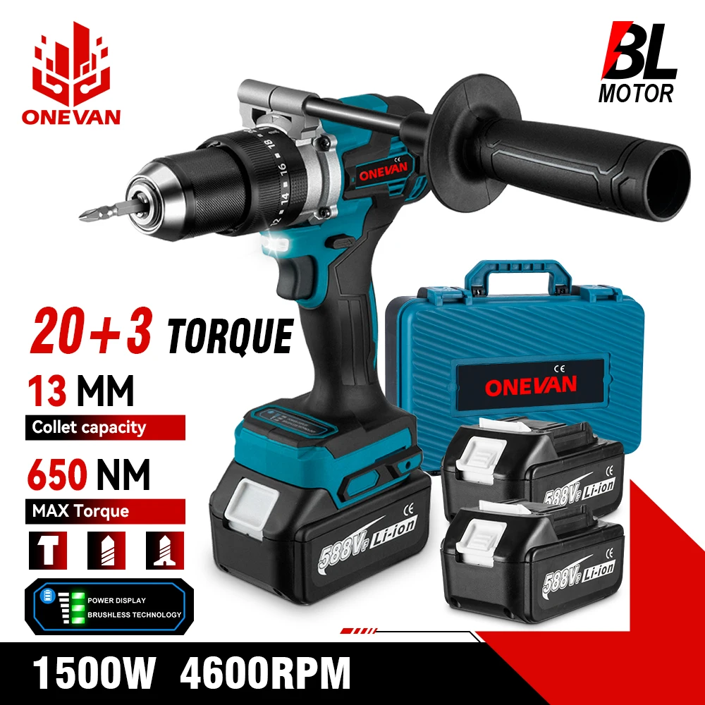 ONEVAN 13MM 650NM Brushless Electric Impact Drill Cordless Screwdriver Drill Li-Ion Batteries Power Tool For makita 18v battery