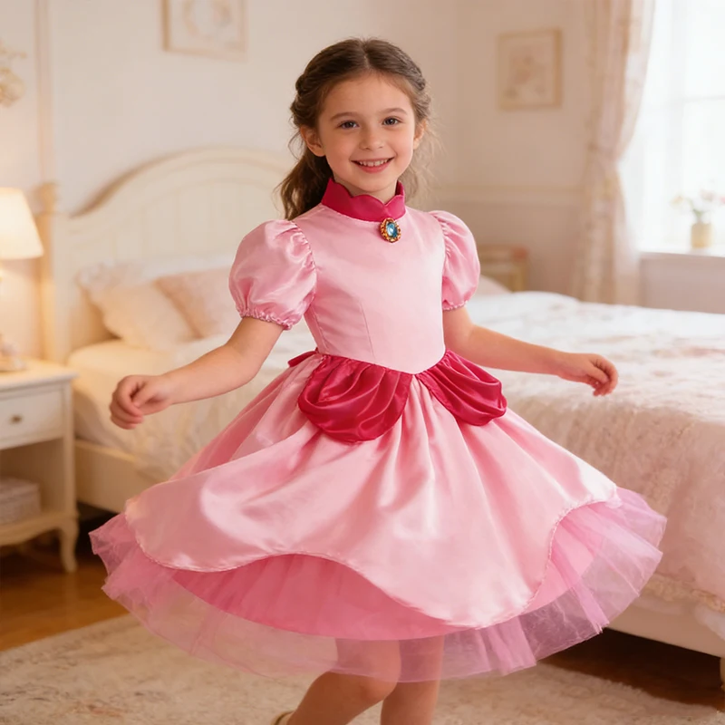 

Girls Princess Peach Cosplay Costume Kids Pink Puff Sleeve High-Low Gown Halloween Birthday Party Outfit