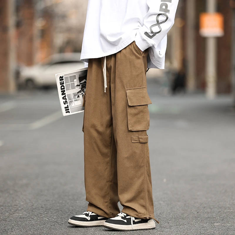 

Мужские прямые хлопковые рабочие брюки, осенние свободные повседневные длинные брюки с широкими штанинами, ретро-стиль, модные, брендовые, функциональные, стильные