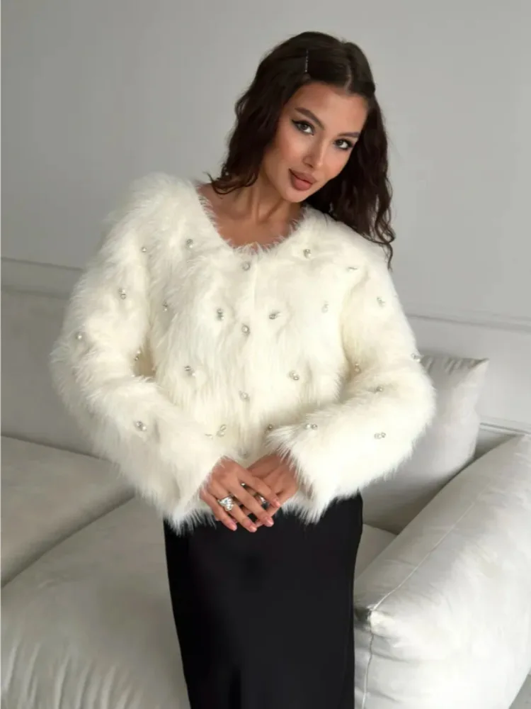 

Elegant Women Rhinestone Mink Fur Cardigan Spring New Temperament Single Breasted Long Sleeve Sweater Chic Loose Coat Tops