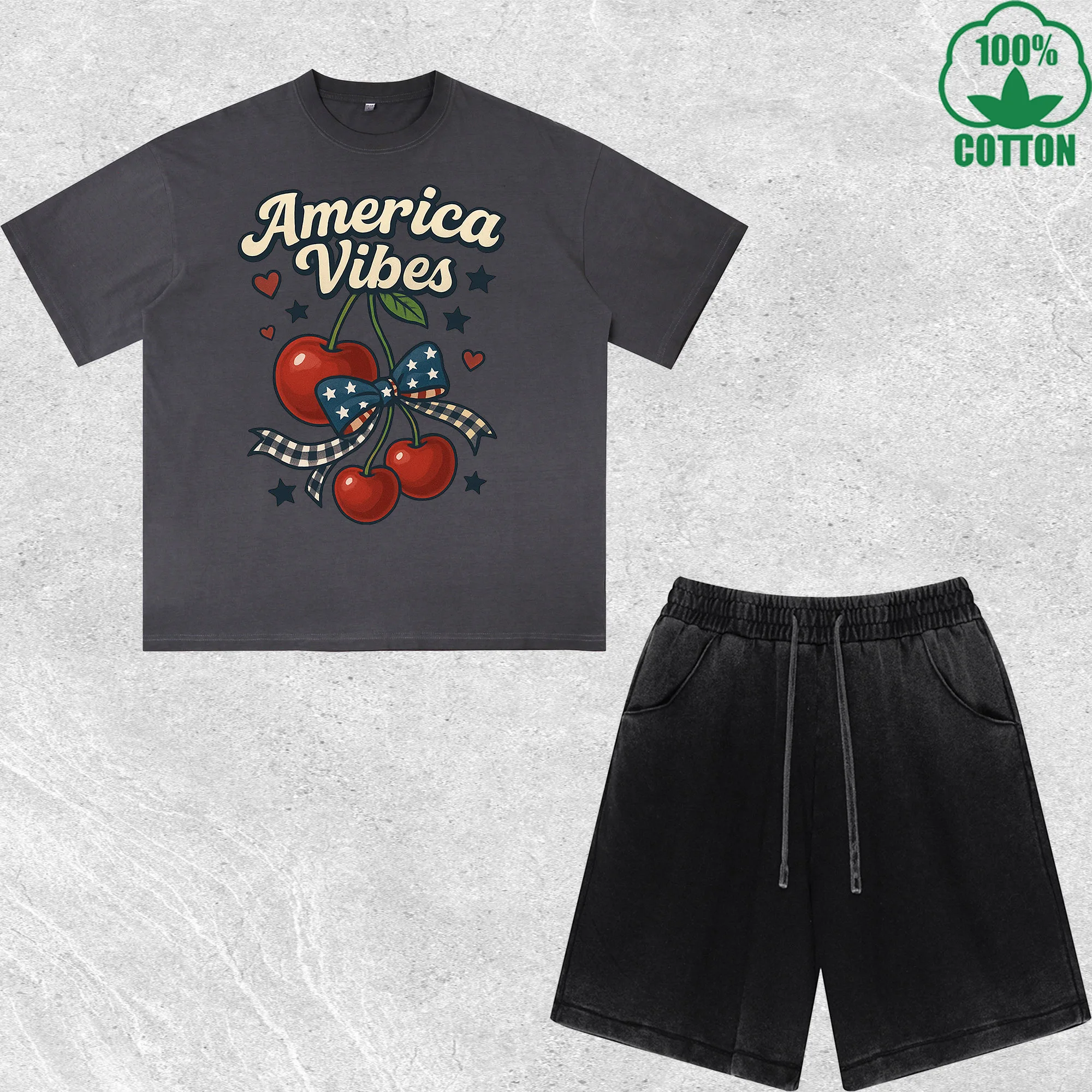 

America Vibes Printed Dirty Wash T-Shirt Shorts Set Multicolor Combo Loose Trendy 100%Cotton