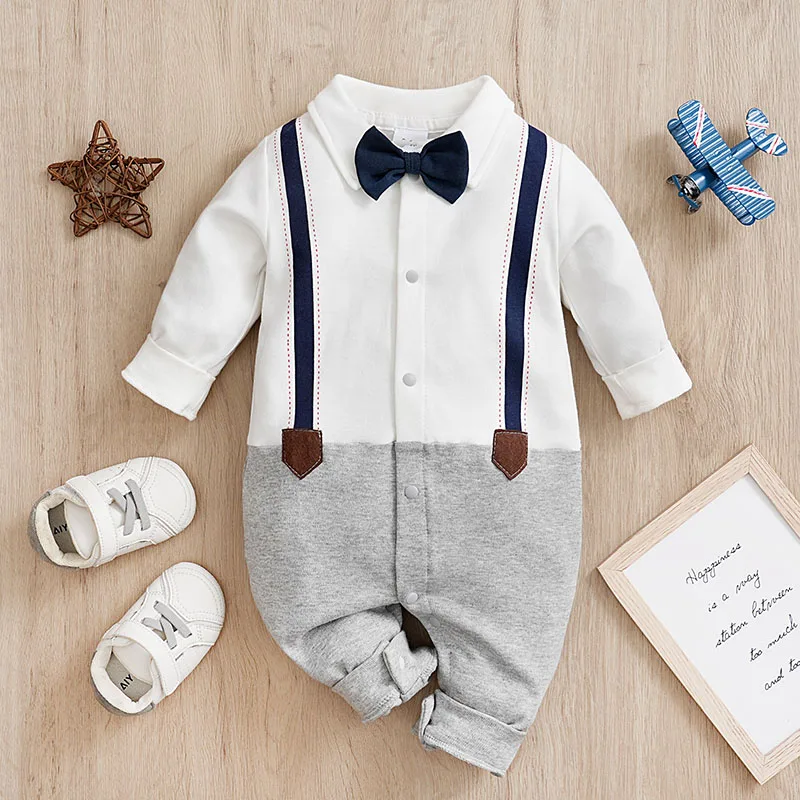 Gentleman Bow tie Style Boy Clothes Newborn Baby Romper Spring and autumn Long Sleeves cotton comfortable Infant Jumpsuits 0-18M