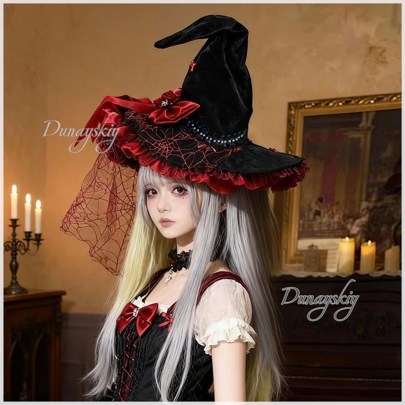 

Halloween Spider Web Witch Headpiece Red Orange Color Cosplay Hat Gothic Witch Hat with Red Veil & Bow Black Velvet Height 50cm