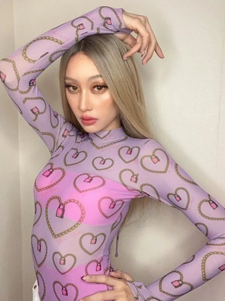 

One-Piece Long Sleeve Bodysuit for Women, See Through Lingerie, Sexy Body, O-neck, Fashion Printing Busiter, Y2k Clothes