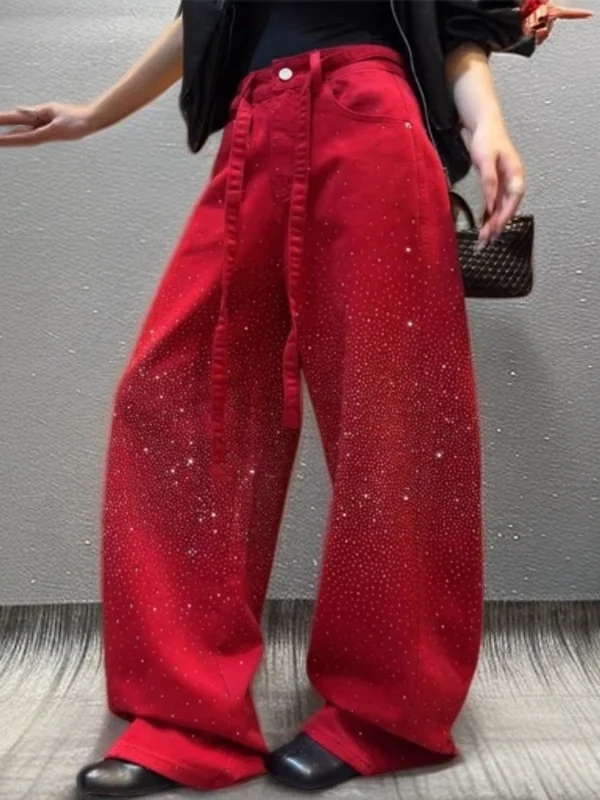 

High Waist Slimming Denim Jeans Glittering Star Embellied Wide Leg Pants Casual Sle Spring Collection for Young Women