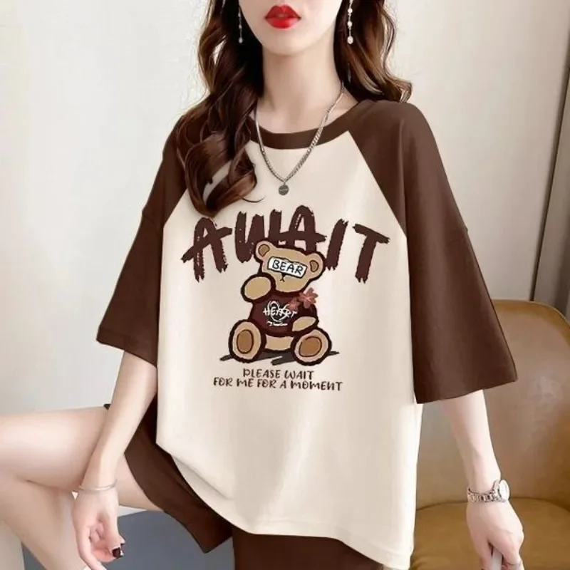 Women's 2025 Summer New Cartoon Pajamas Suit Printing Large Size Versatile Splicing Short-sleeved Top and Shorts 2 Two piece Set
