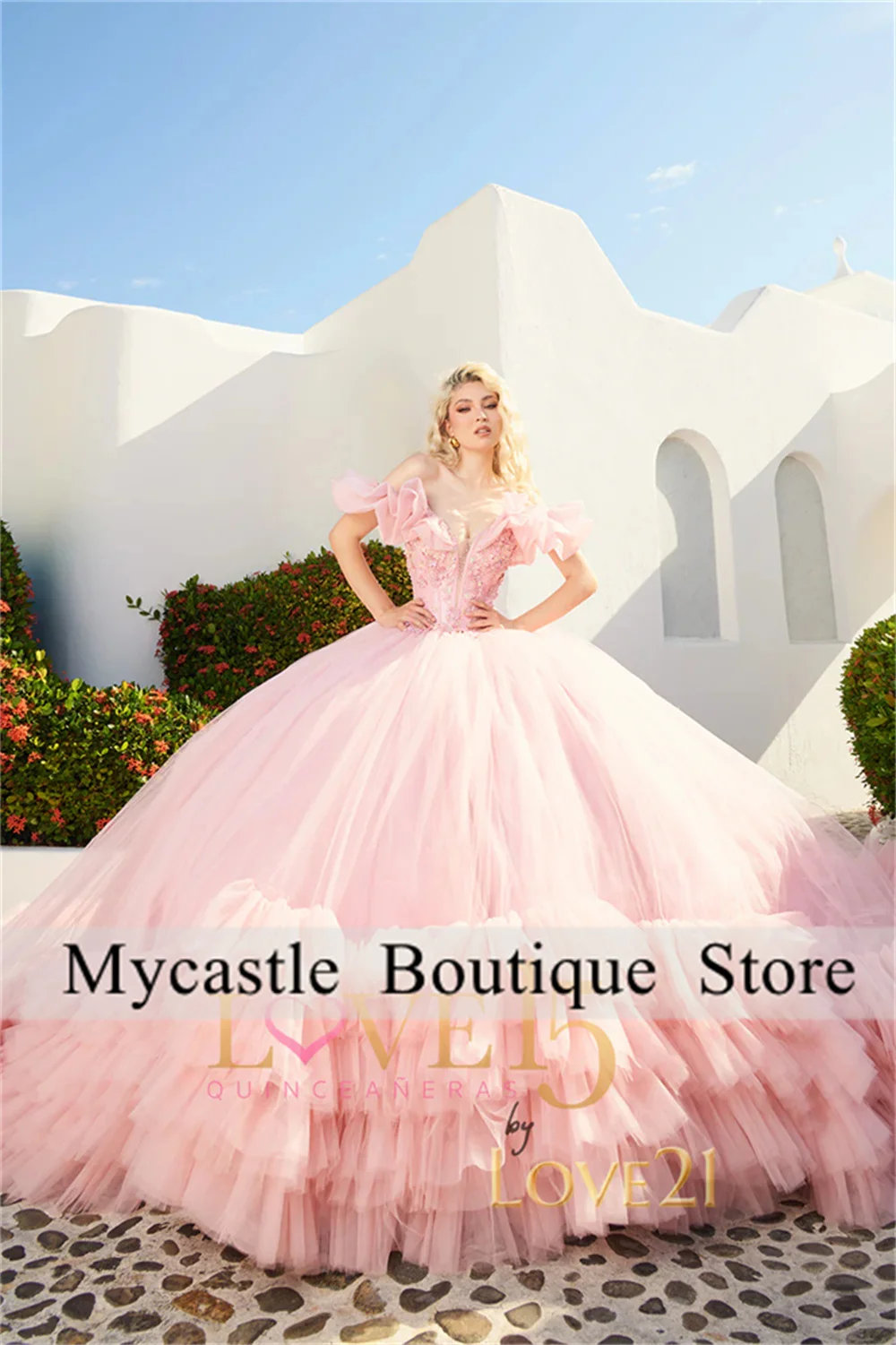 Pink Tulle Beaded Crystals Quinceanera Dresses 2024 Ruffles Lace Appliques Sweet 16 Dress Birthday Dress Vestidos De 15 Años