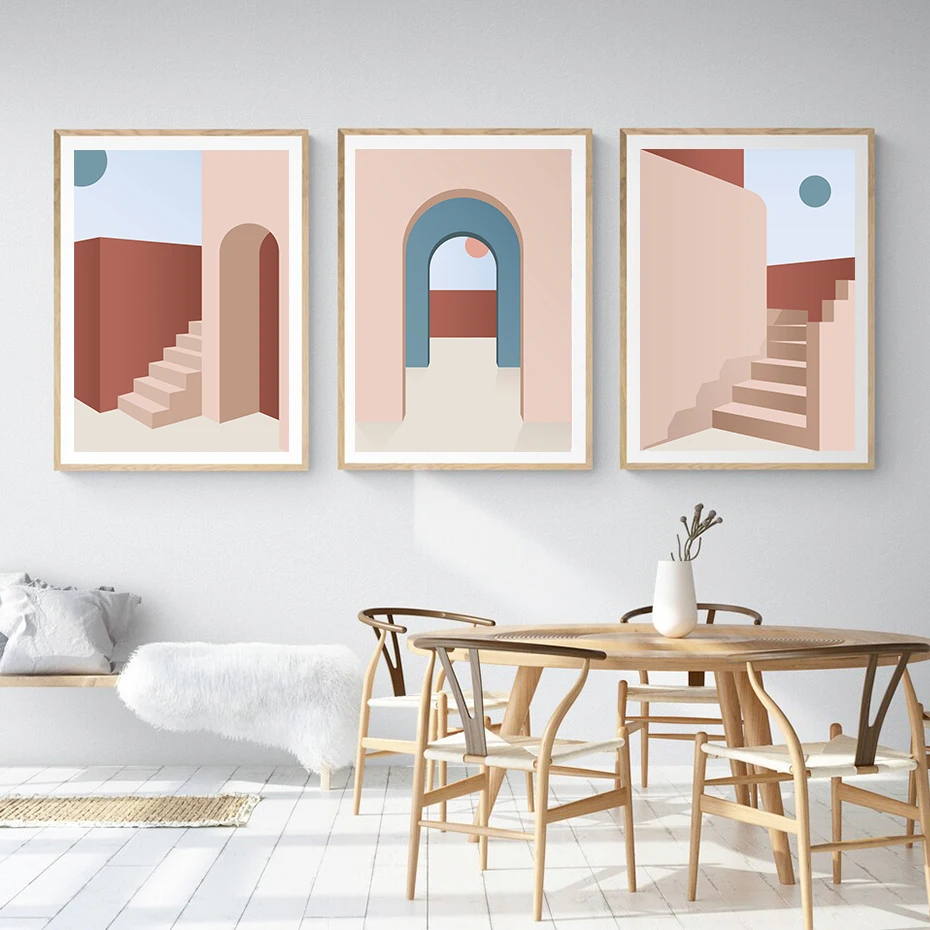 

Modern Architecture Stairs Arch Door Pink Posters Canvas Painting Wall Art Print Picture Bedroom Living Room Interior Home Decor