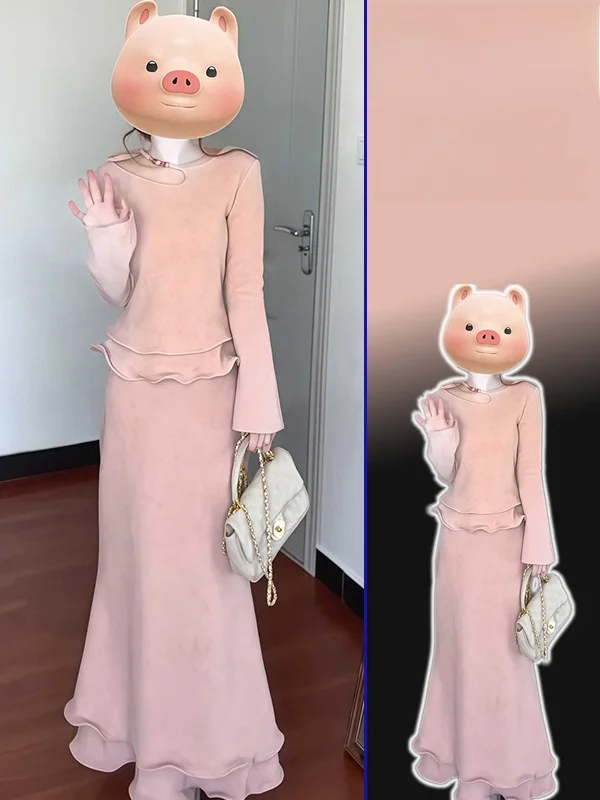 

Ele Pink Slimming f-Skirt Set plus Size Versatile Faionable Spring Autumn Two-Piece Ensemble for Women