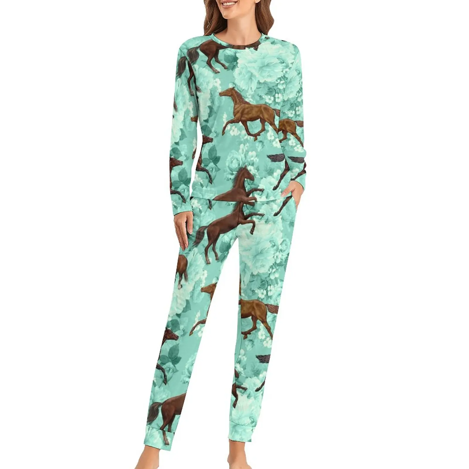 Cool Running Horses Pajamas Female Flowers Print Kawaii Sleepwear Spring 2 Pieces Aesthetic Oversize Pajama Sets