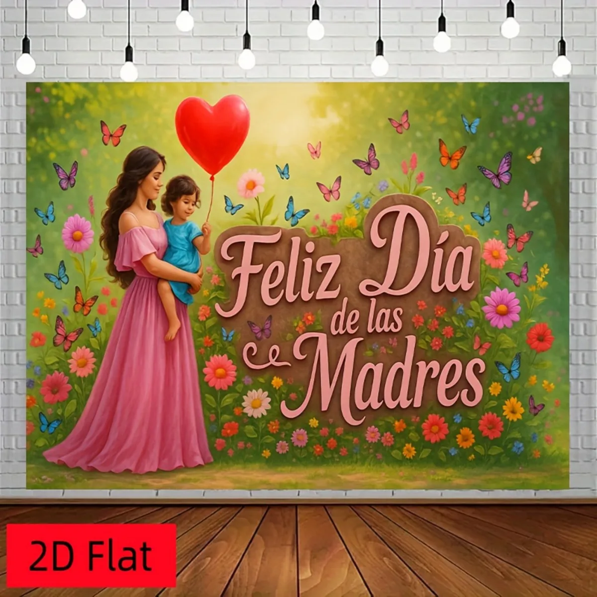 مسطح ثنائي الأبعاد، قطعة واحدة من خلفية عيد الأم الإسبانية - خلفية تصوير على شكل فراشة زهرية مع نص "Feliz Dia de las Madres"، وردي F #1
