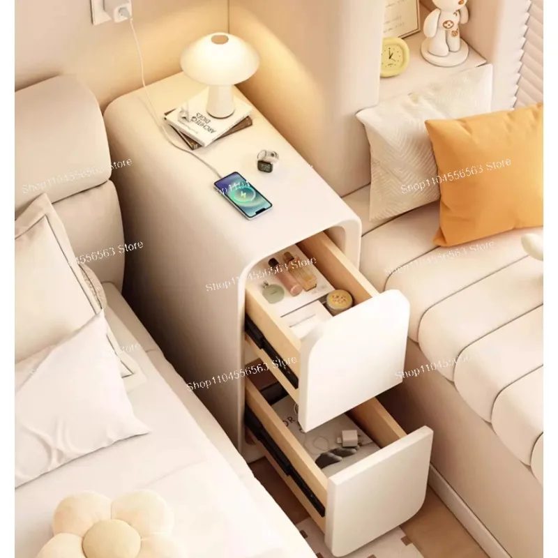 Solid Wood Bedside Table with 2 Drawers, No-Leg Minimalist Narrow Nightstand Bedroom Storage Cabinet