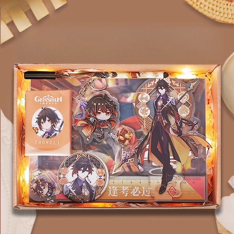 Zhongli Cosplay Gifts Box Anime Genshin Impact Keychain Badge Student Supplies Standing Sign Acrylic Pendant Xmas Gift
