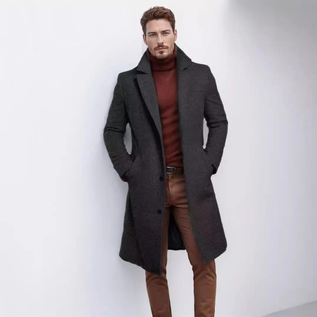Men's Jacket Men's Medium And Long Solid Color Autumn And Winter Woolen Coat Warm Youth Coat Coat