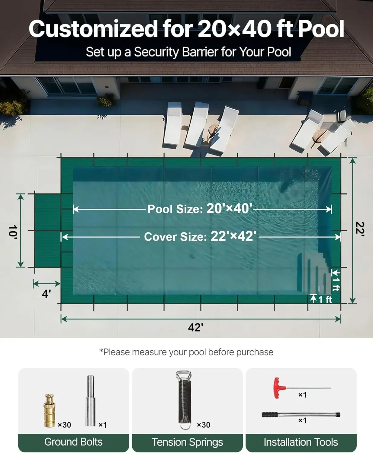 Inground Pool Safety Cover 20x40 ft Rectangle with 4x8ft Center End Step, Winter Pool Covers Green Mesh, Triple Stitched