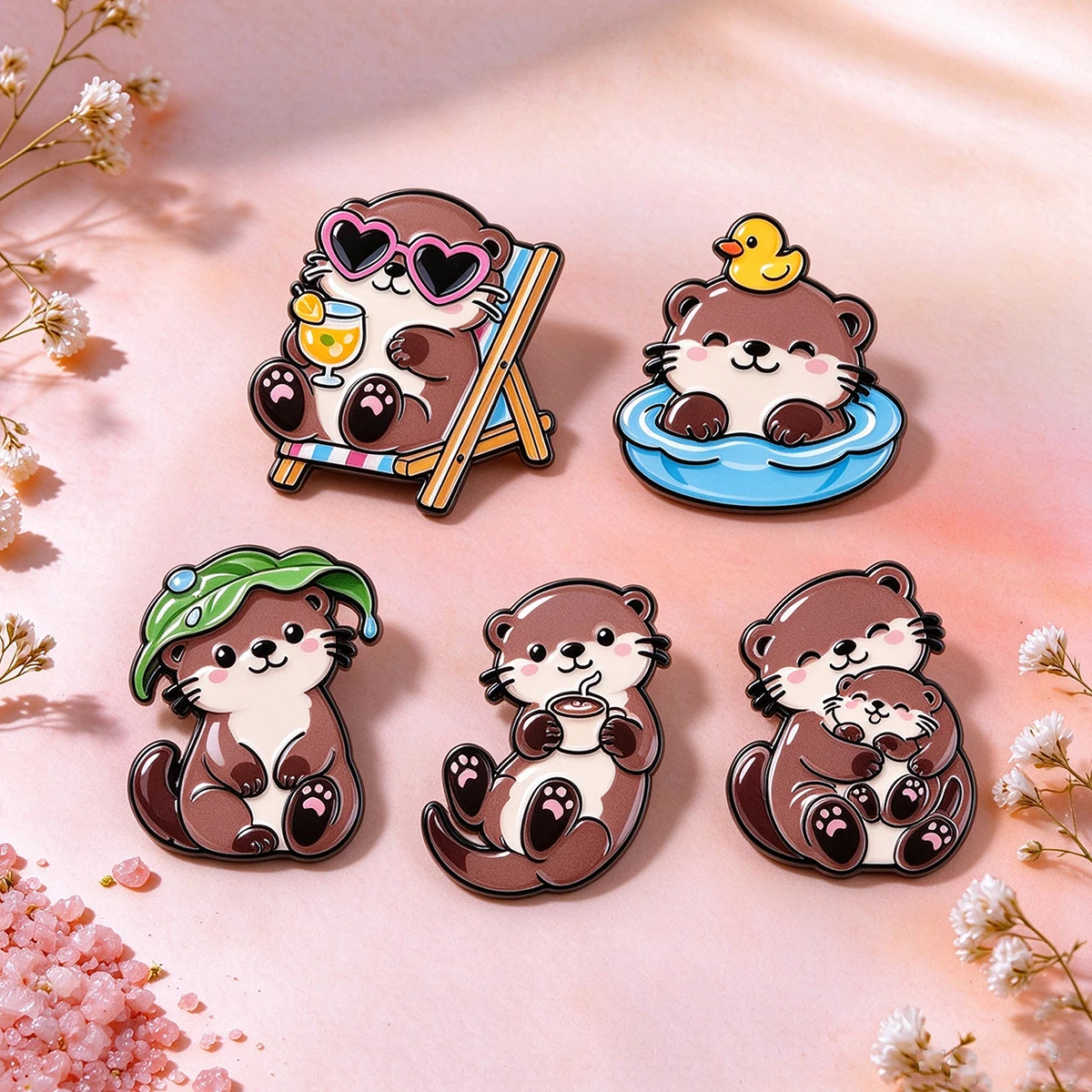 5pcs/Set Cute Otter Enamel Pin Cartoon Family Coffee Sea Otter Brooch Lovely Animal Lapel For Backpack Hat Badges Jewelry Gifts