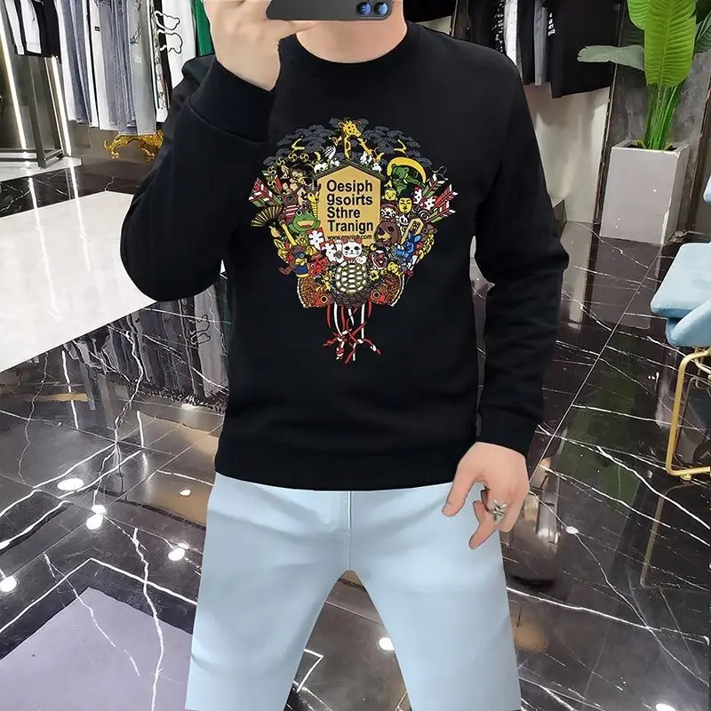 Men's Long Sleeve Round Neck Hoodie Trendy Cartoon Autumn and Winter Plush Top Slim Bottom Shirt