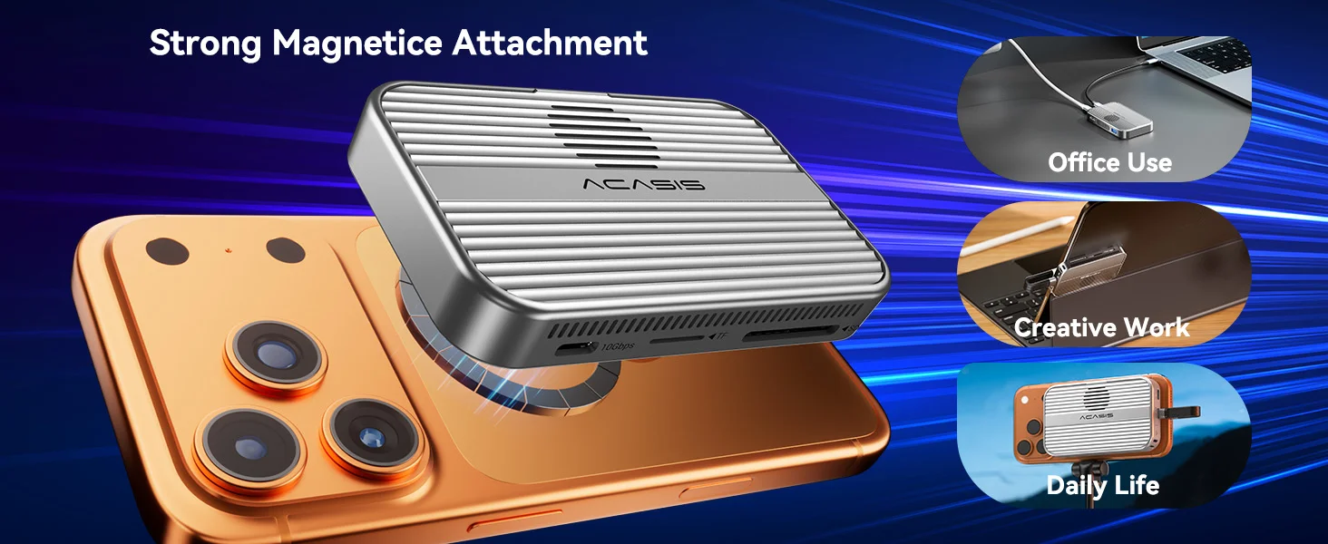 Acasis Magnetische USB-C-Dockingstation M.2 NVMe SSD-Gehäuse mit Lüfter 4K HDMI 100W PD-Unterstützung SSD 2230/42/60/80mm iPhone16 17 – Detail 9