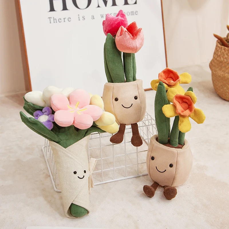 Lifelike Tulip Daffodil Plant Plush Toy Flower Bouquet Stuffed Doll Potted Flower Decoration Creative Christmas Birthday Gift