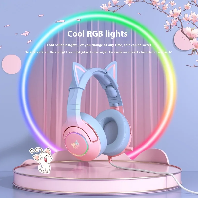 K9 Gradient Color Cat'S Ears Steamed Cat-Ear Shaped Bread Headphone Headworn Wired Headset Noise-Cancelling Mic 3d Stereo Headse