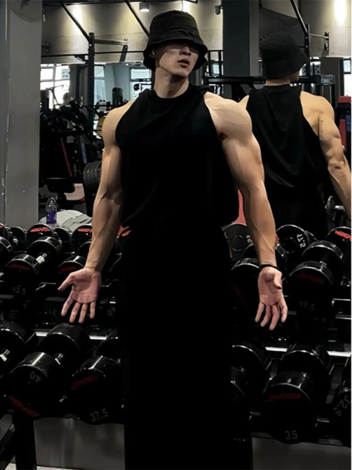 Black Heavyweight Small Collar Sleeveless T-Shirt Men's Summer Fitness Sweat Vest Muscle Show Sports Shoulder Pad Vest Trendy