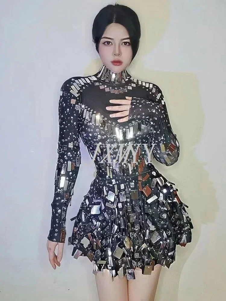 

Черное эластичное платье для сценических танцев, вечерние платья для ночного клуба, женская одежда для выступлений, вечернее платье с зеркалом Raquel