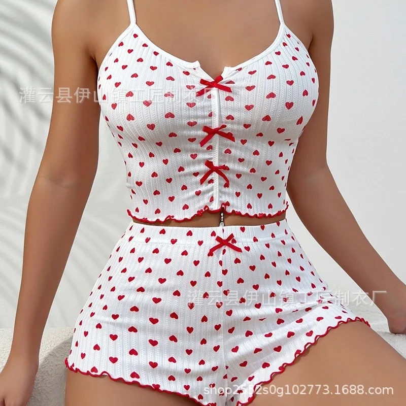 1 Set Sleepwear Women Pajamas Set Heart Print Soft Ribbed Fabric with Flirty Frill Trim Casual Cami Top and Short Set Loungewear