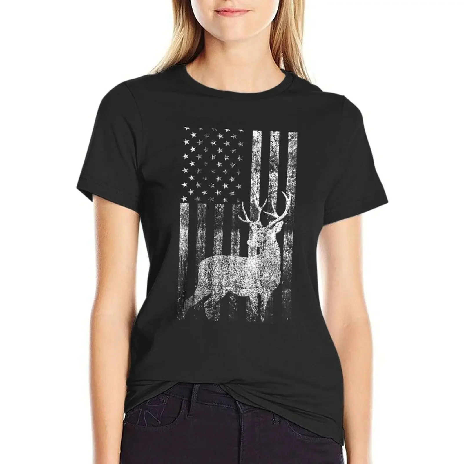 

American Flag Deer Distressed Patriotic Hunting Deer Lover Hunter Design T-Shirt summer clothes t shirts for Women loose fit