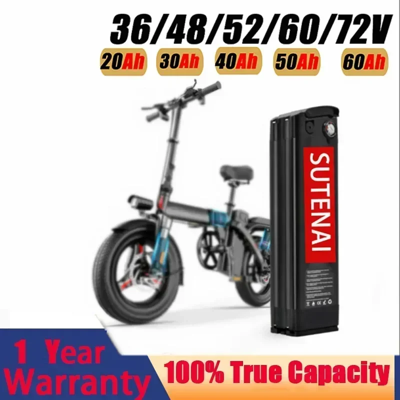 

48V Lithium Battery Pack 36V/52V/60V/72V Silver Fish E-Bike Electric Bicycle 1500W 20/30/40/50Ah 18650 Battery Pack With Charger