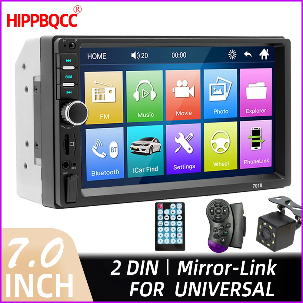 HIPPBQCC راديو السيارة HD 7 "شاشة تعمل باللمس ستيريو بلوتوث 12 فولت 2 Din FM ISO الطاقة Aux مدخل مرآة ربط السيارات مشغل وسائط متعددة #1