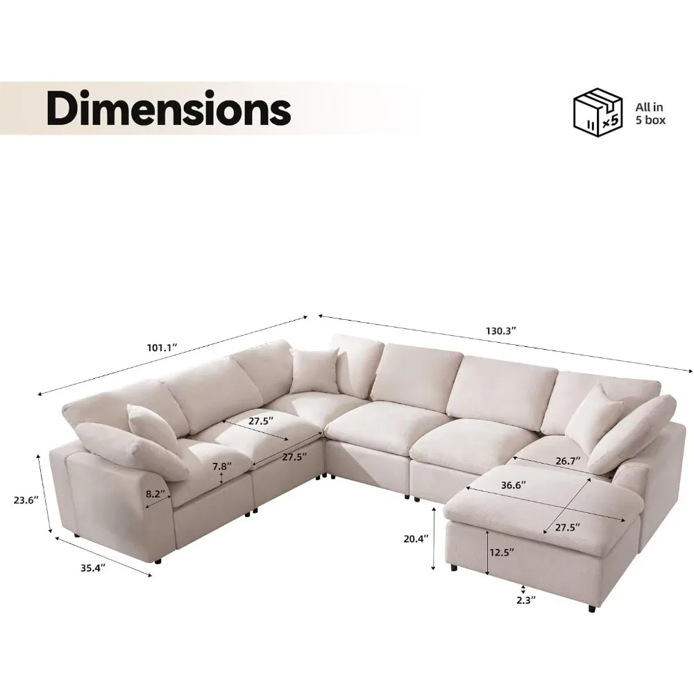 Sectional Sofa,with Movable Ottoman 7 Seater Comfy Couches for Living Room Spacious Space Office Lounge,Oversized Cloud Couch