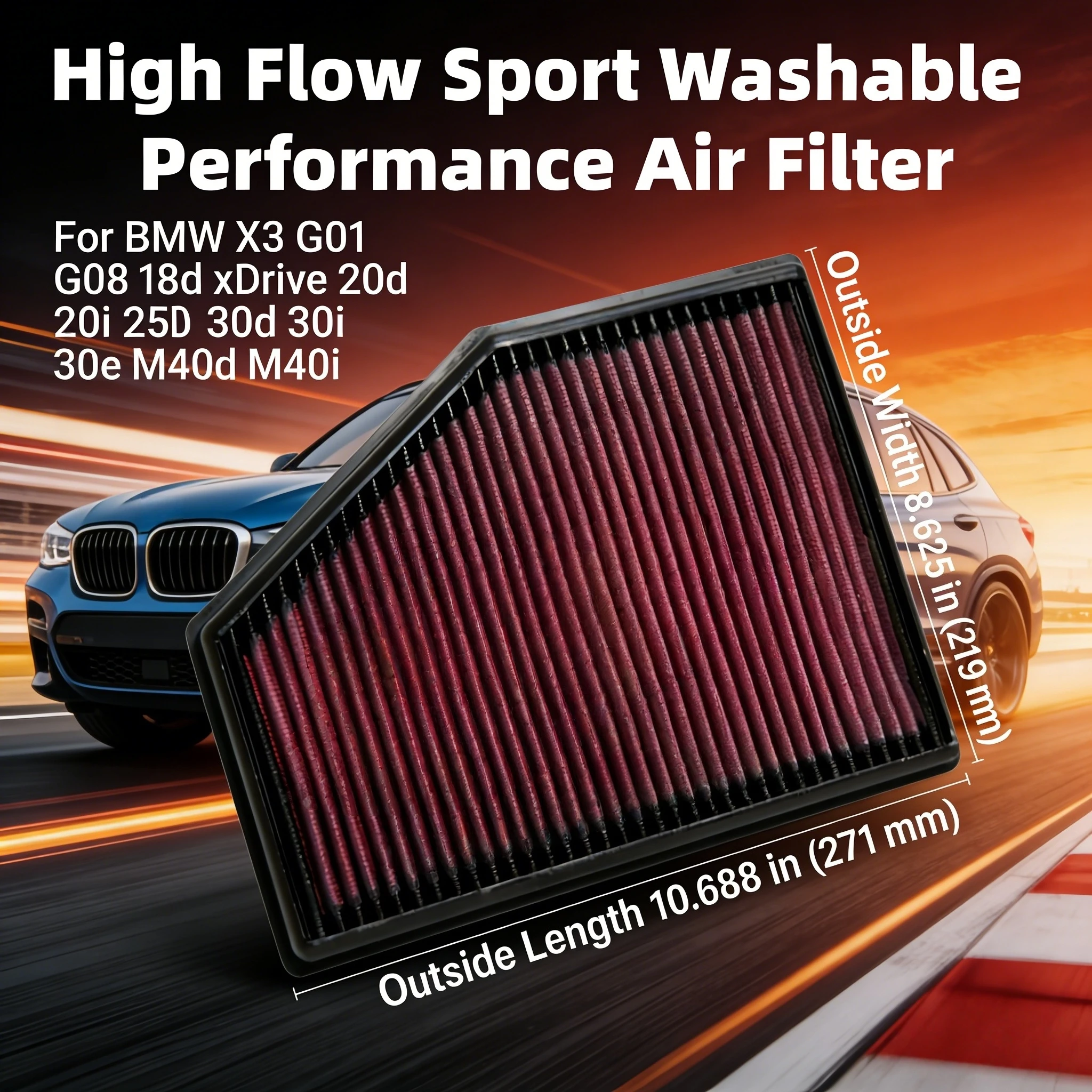 

Высокопроизводительный моющийся панельный воздушный фильтр для BMW X3 G01 G08 18d xDrive 20d 20i 25d 30d 30i 30e M40d M40i 33-3079