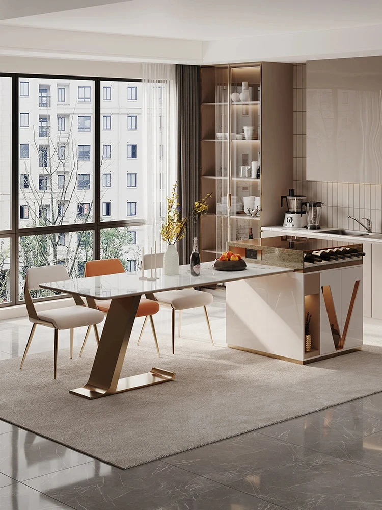 

Легкая роскошная каменная тарелка высокого класса, стол на среднем острове, обеденный стол, встроенный выдвижной стол для дома, современный минималистский стиль