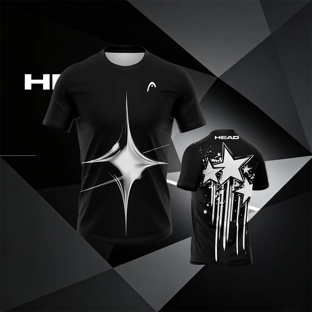 HEAD Men's Tennis T-Shirt Black White Star Print Short Sleeve Sports Tee Athletic Training Top Casual Gym Wear