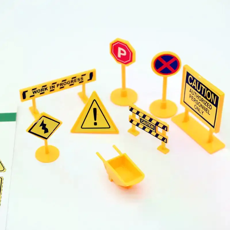 8Pcs Puppenhaus Stadt Engineering Straße Zeichen Gelb Verkehrs Modell Simulation Artikel Ornament Miniatur Spielzeug Puppe Haus Zubehör