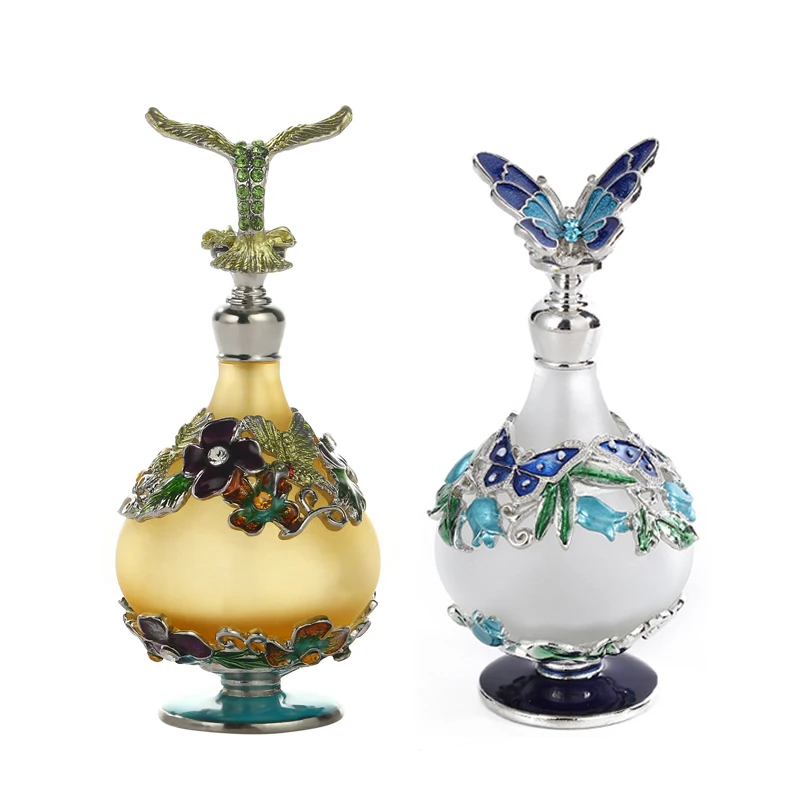 

Vintage Perfume Bottle Metal Enamel Decor Frosted Glass Container Hummingbird/Butterfly Cap Refillable Essential Oil Lady Gift