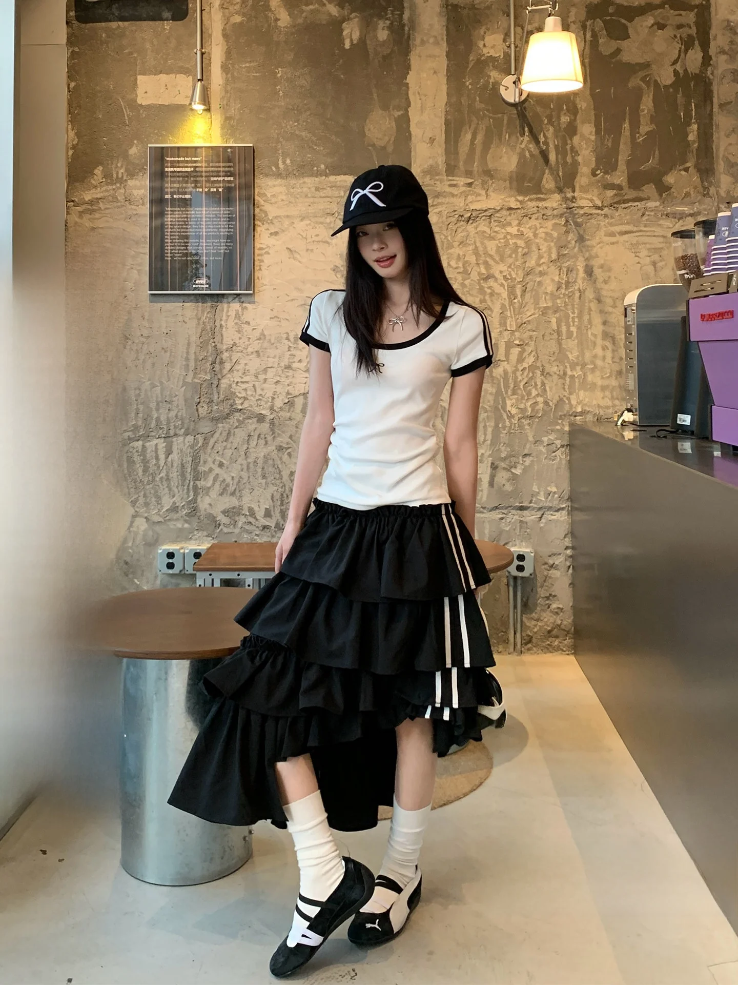 

Song Zhengen Black Asymmetrical Stripes Cake Half Skirt Women's High Waist Loose Sweet Cool Midi A-Line Skirt Spring Season