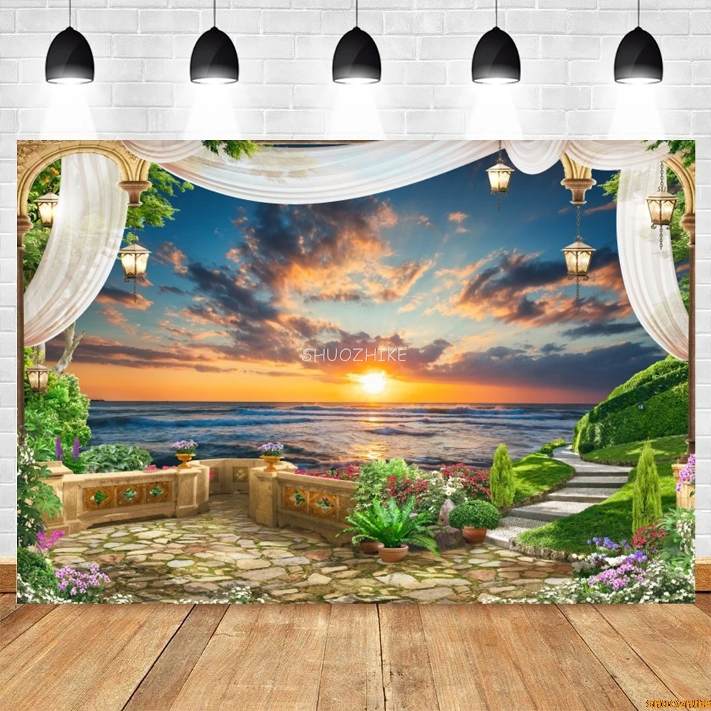 Летний морской пейзаж фон морской пляж балкон тропическая пальма замок натуральный фон для фотосъемки Декор фотостудия