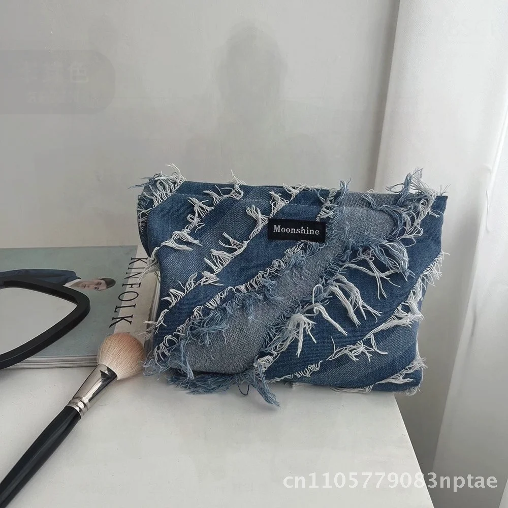 High-Grade Denim Tassel Cosmetic Bag Large Capacity Portable Wash Lotion Brush Organizer Street Fashion Zippered Square Bag